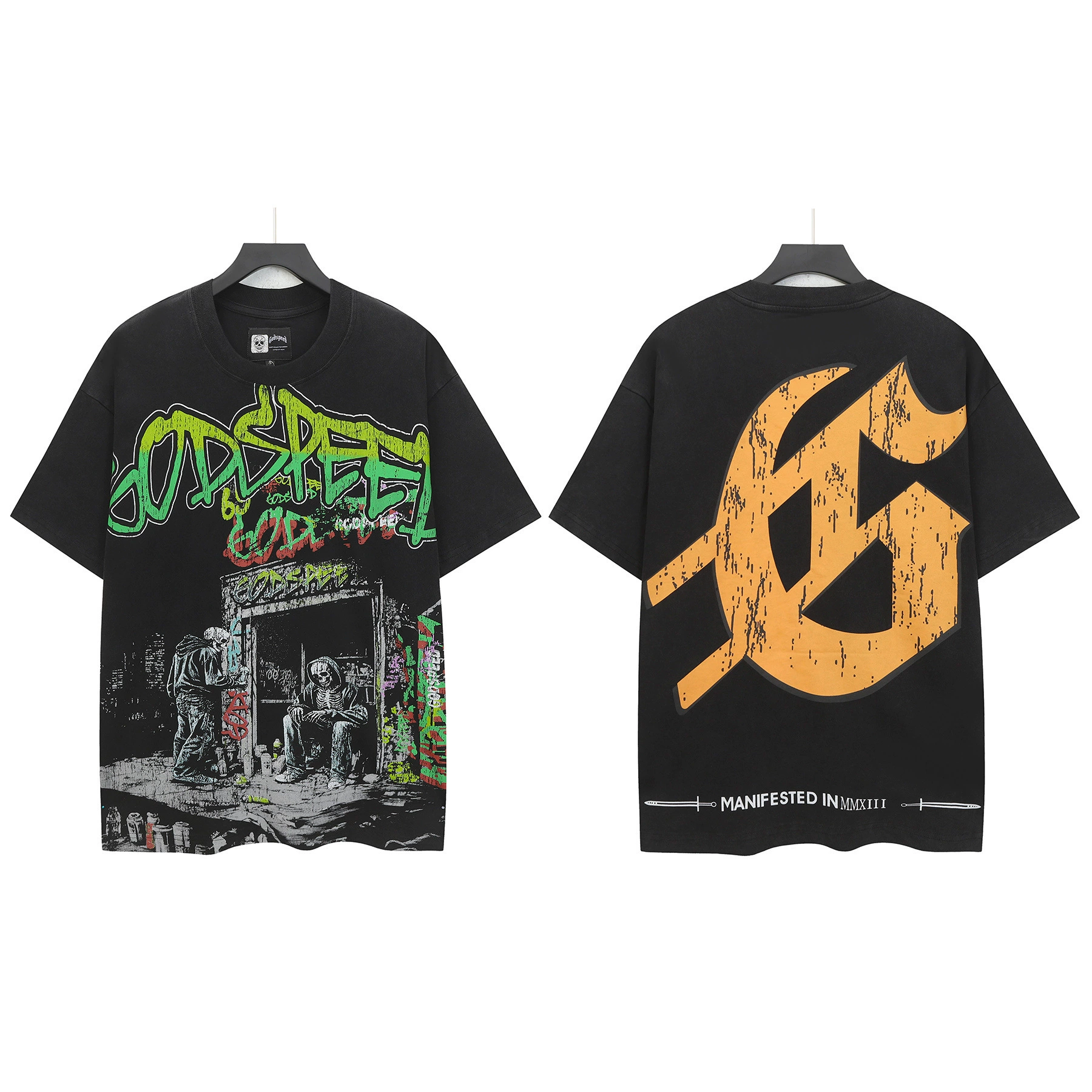 Carenly Fashion God Style Hip-Hop West Coast Graffiti Unisex Loose High-Definition Print Cotton T-Shirt